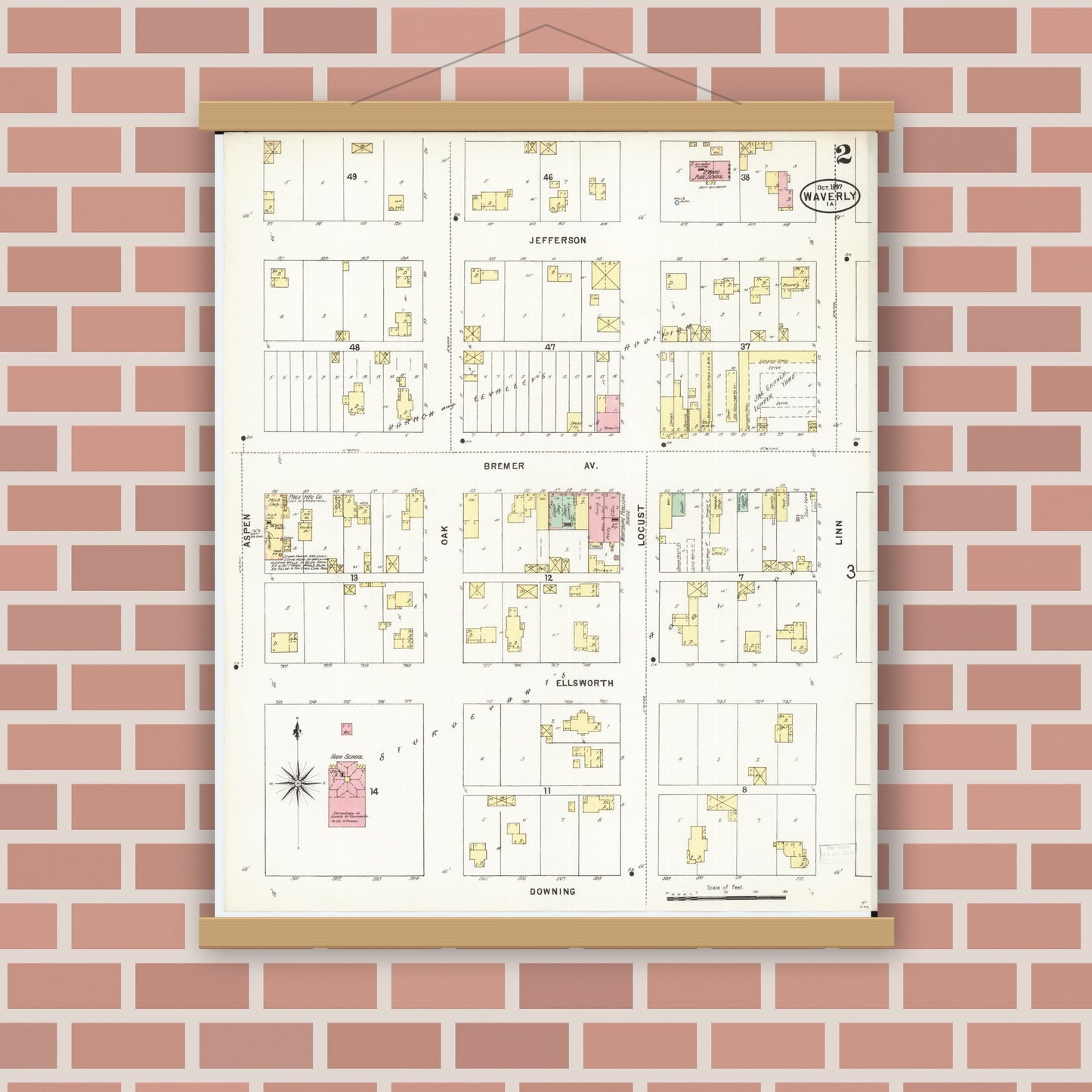 Old map wall art mockup — magnetic wood frame on brick wall — Sanborn Fire Insurance Map from Waverly, Bremer County, Iowa (1897), Sheet #0002