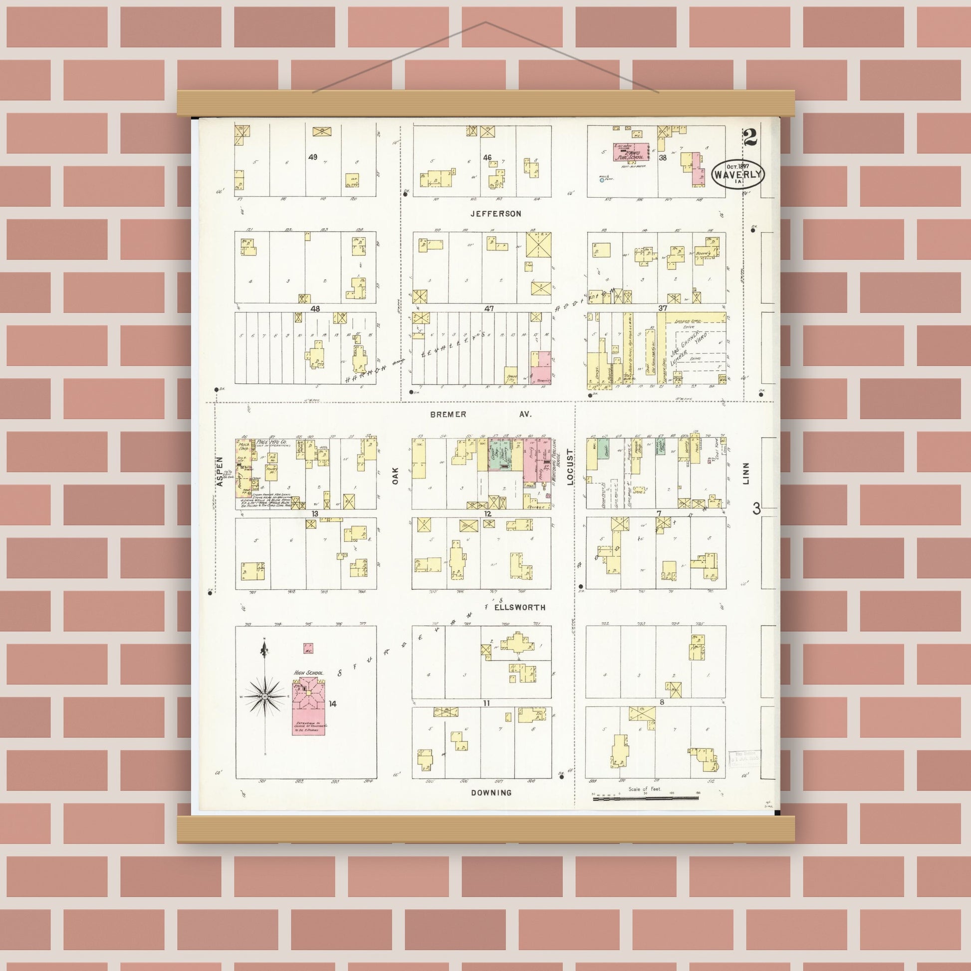 Old map wall art mockup — magnetic wood frame on brick wall — Sanborn Fire Insurance Map from Waverly, Bremer County, Iowa (1897), Sheet #0002