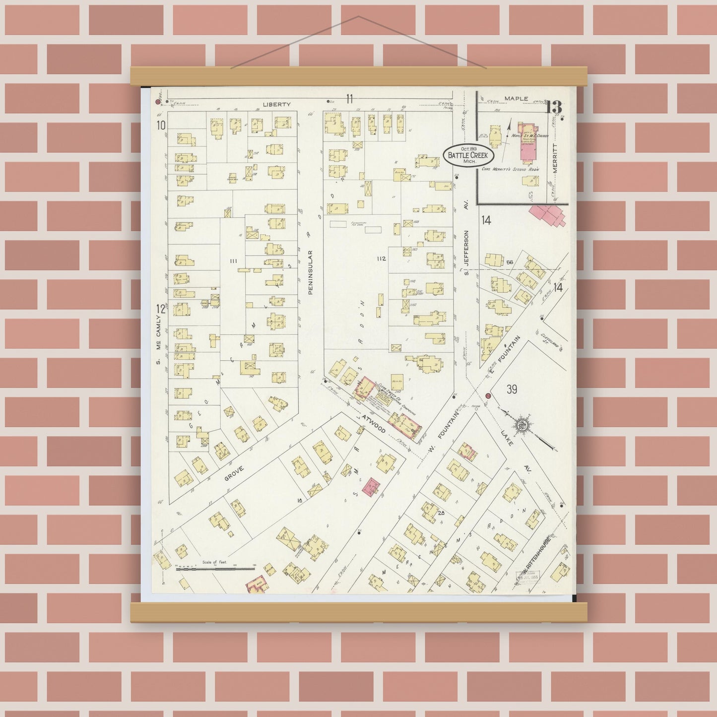 Old map wall art mockup — magnetic wood frame on brick wall — Sanborn Fire Insurance Map from Battle Creek, Calhoun County, Michigan (1913), Sheet #0013
