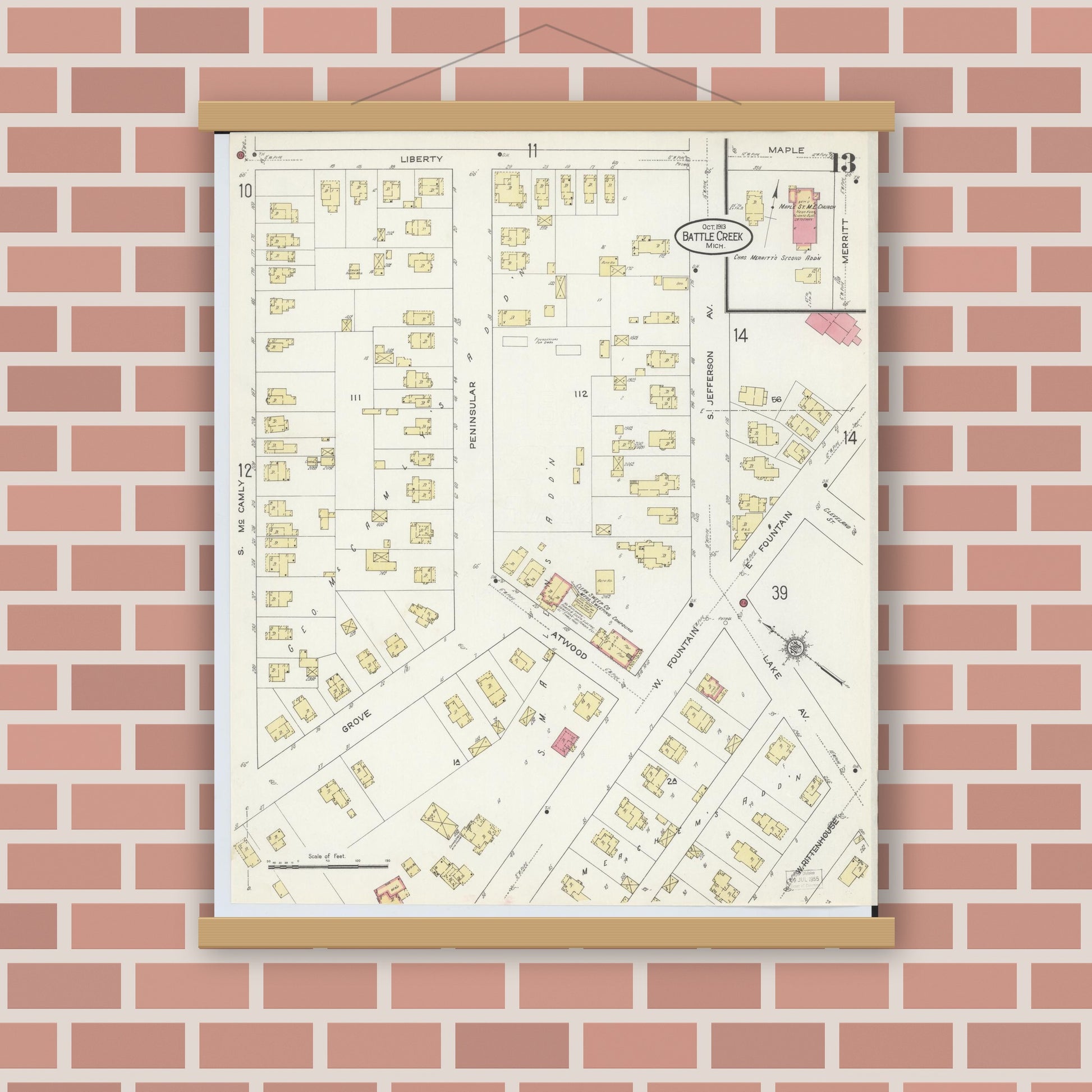 Old map wall art mockup — magnetic wood frame on brick wall — Sanborn Fire Insurance Map from Battle Creek, Calhoun County, Michigan (1913), Sheet #0013