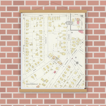 Old map wall art mockup — magnetic wood frame on brick wall — Sanborn Fire Insurance Map from Battle Creek, Calhoun County, Michigan (1913), Sheet #0013
