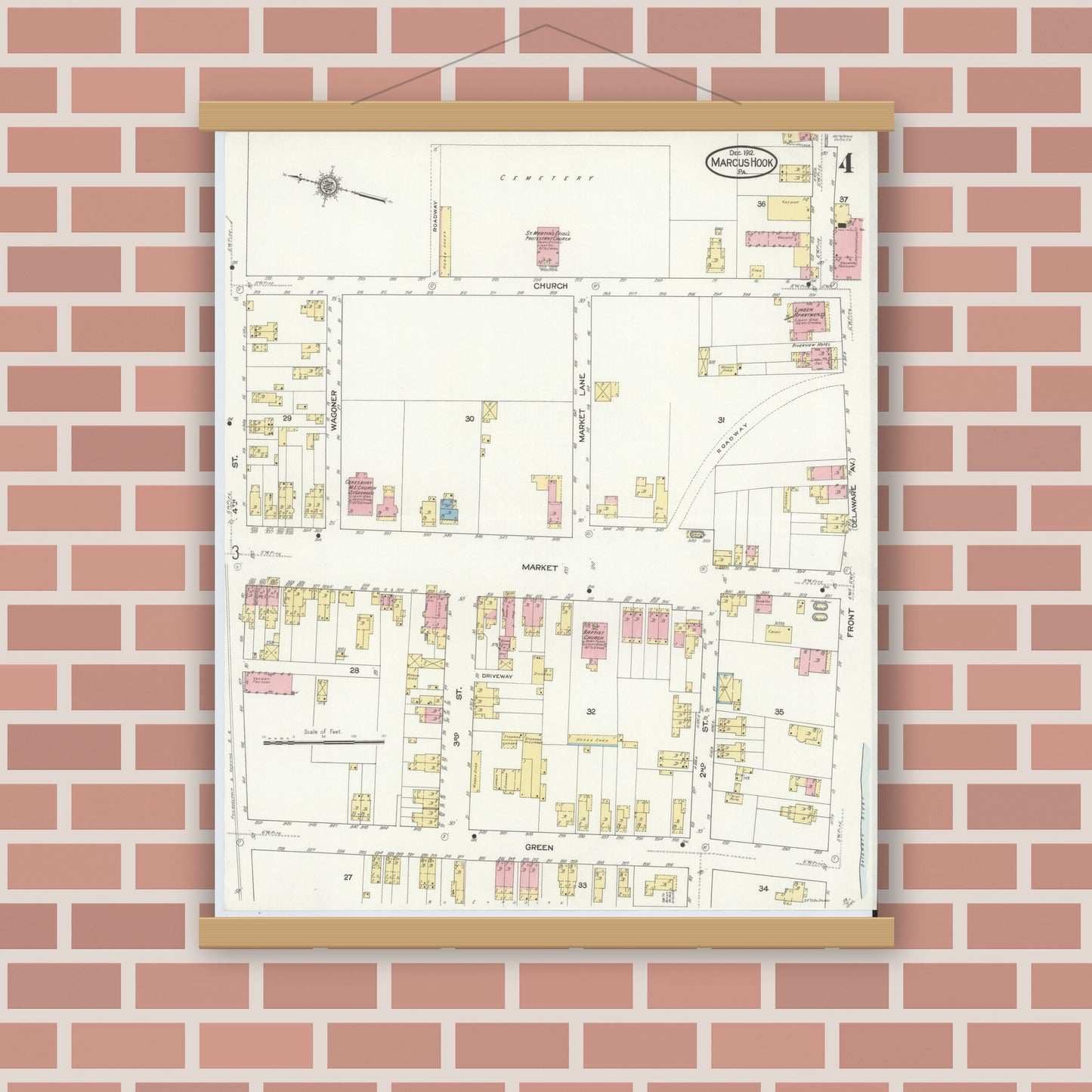 Old map wall art mockup — magnetic wood frame on brick wall — Sanborn Fire Insurance Map from Marcus Hook, Chester County, Pennsylvania (1912), Sheet #0004