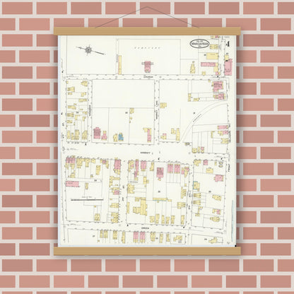 Old map wall art mockup — magnetic wood frame on brick wall — Sanborn Fire Insurance Map from Marcus Hook, Chester County, Pennsylvania (1912), Sheet #0004