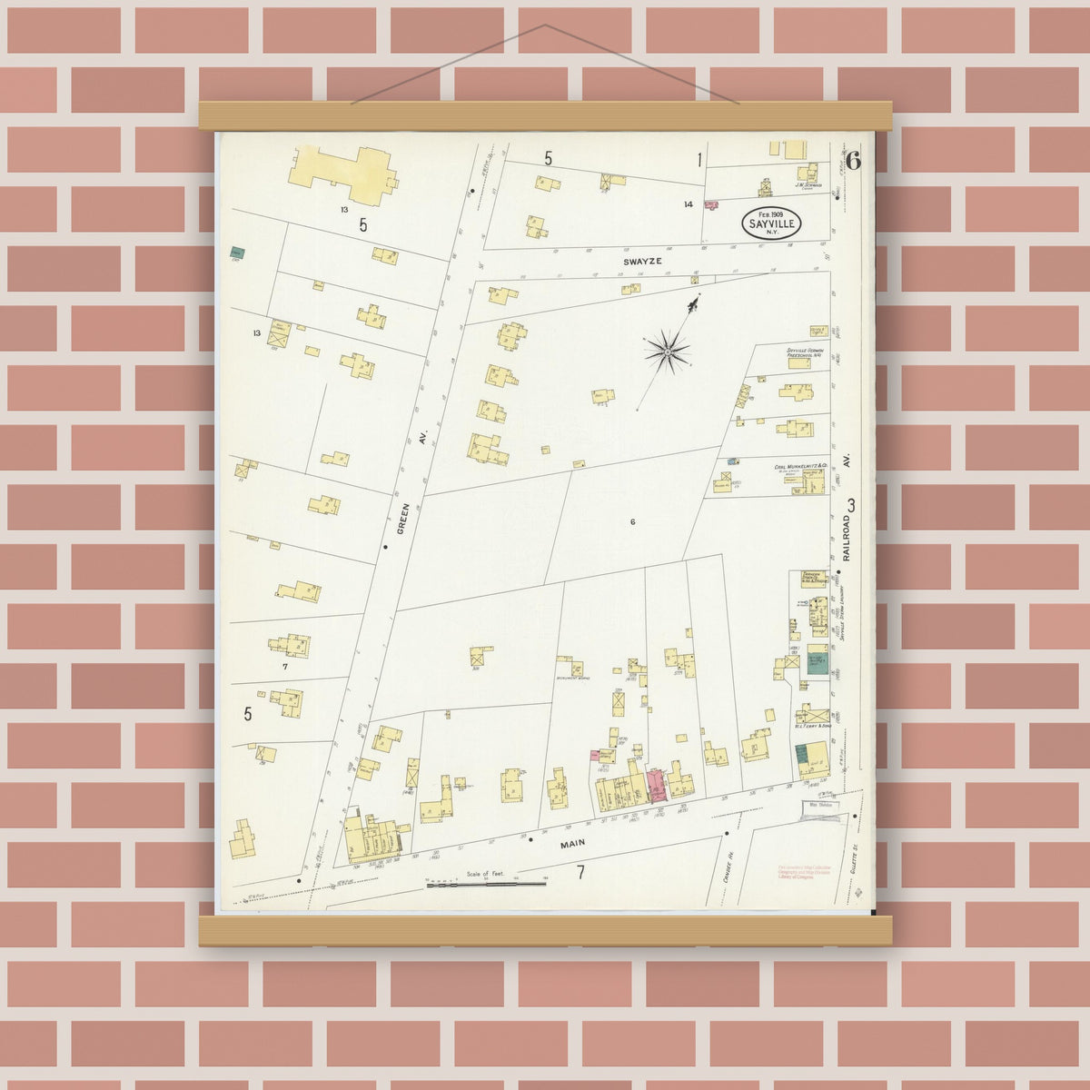Old map wall art mockup — magnetic wood frame on brick wall — Sanborn Fire Insurance Map from Sayville, Suffolk County, New York (1909), Sheet #0006