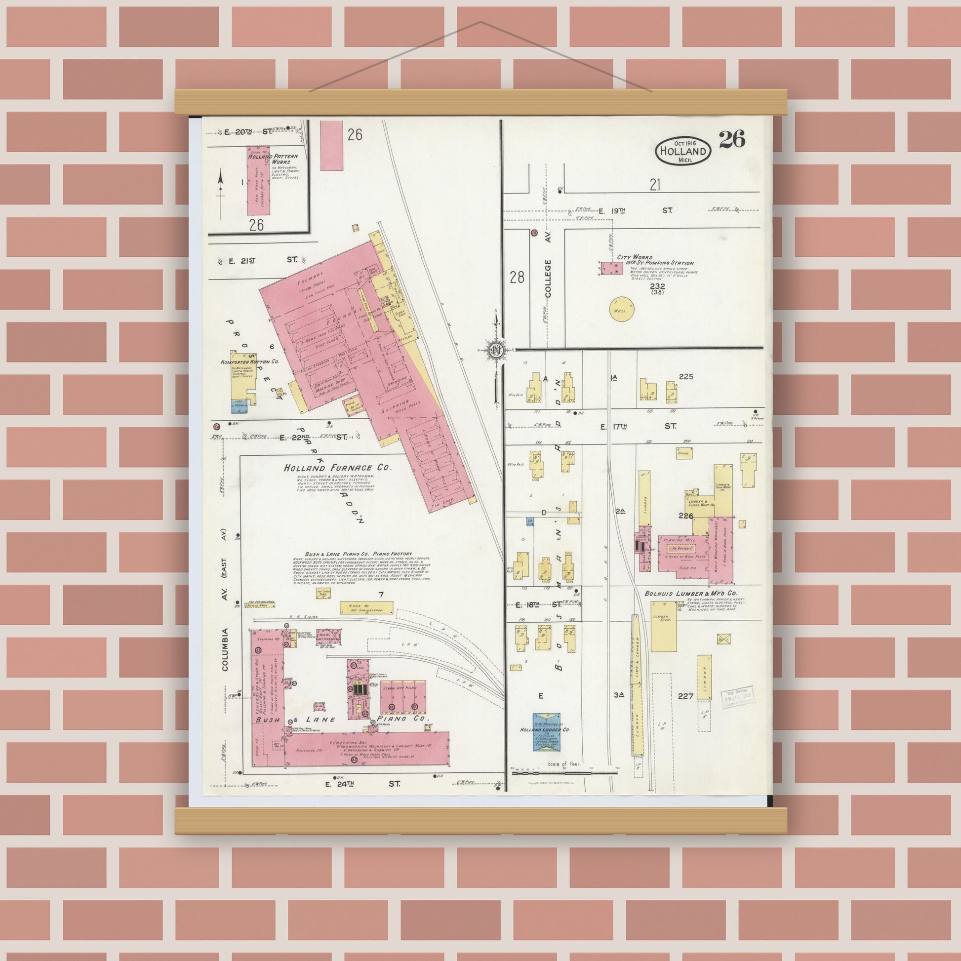 Old map wall art mockup — magnetic wood frame on brick wall — Sanborn Fire Insurance Map from Holland, Ottawa County, Michigan (1916), Sheet #0026