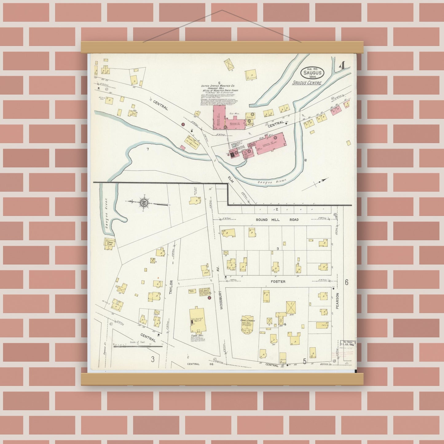 Old map wall art mockup — magnetic wood frame on brick wall — Sanborn Fire Insurance Map from Saugus, Essex County, Massachusetts (1913), Sheet #0004
