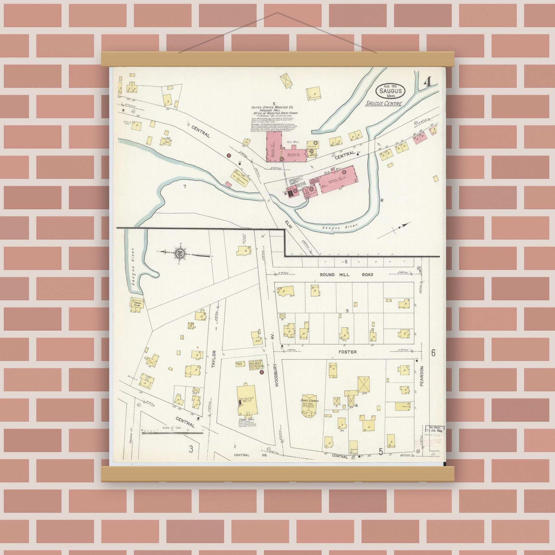 Old map wall art mockup — magnetic wood frame on brick wall — Sanborn Fire Insurance Map from Saugus, Essex County, Massachusetts (1913), Sheet #0004