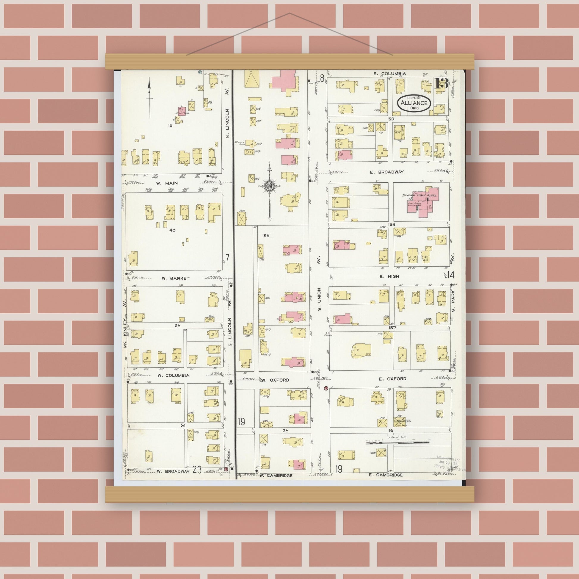 Old map wall art mockup — magnetic wood frame on brick wall — Sanborn Fire Insurance Map from Alliance, Stark County, Ohio (1911), Sheet #0013