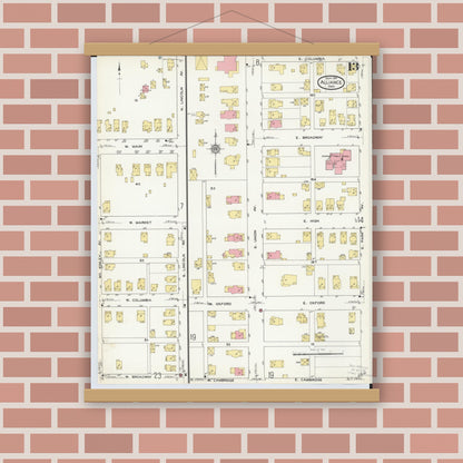 Old map wall art mockup — magnetic wood frame on brick wall — Sanborn Fire Insurance Map from Alliance, Stark County, Ohio (1911), Sheet #0013
