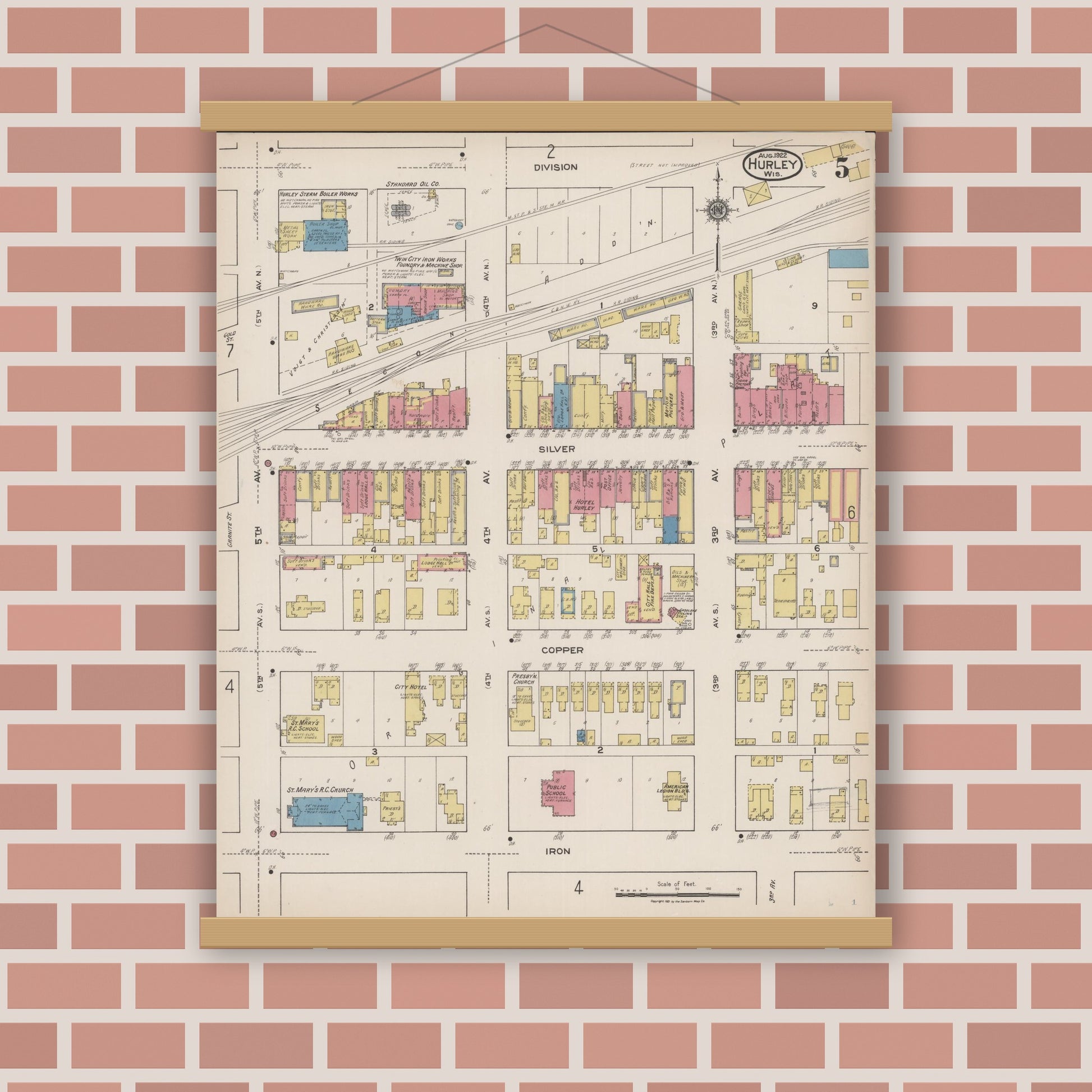 Old map wall art mockup — magnetic wood frame on brick wall — Sanborn Fire Insurance Map from Hurley, Iron County, Wisconsin (1922), Sheet #0005
