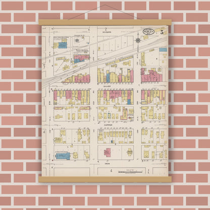 Old map wall art mockup — magnetic wood frame on brick wall — Sanborn Fire Insurance Map from Hurley, Iron County, Wisconsin (1922), Sheet #0005