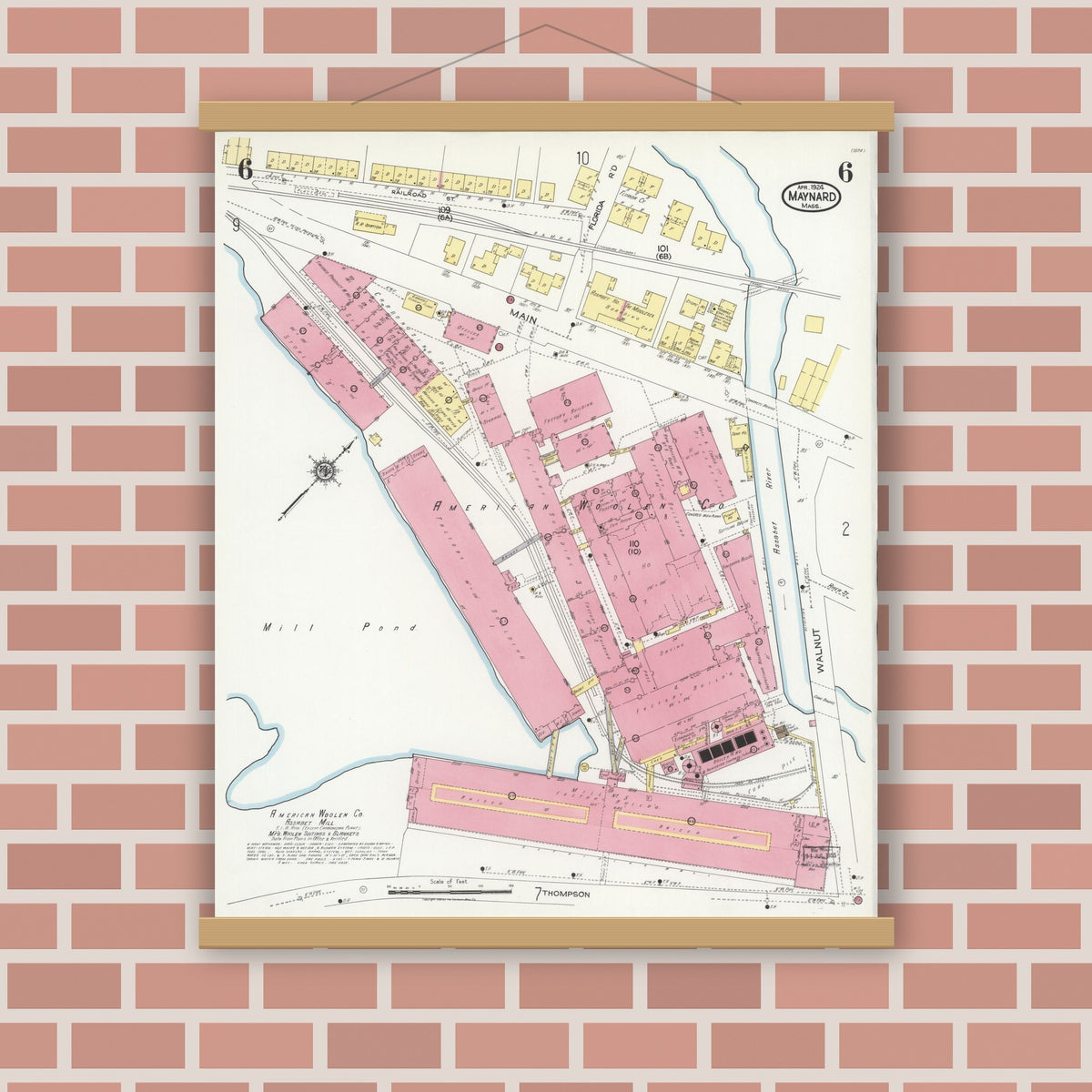 Old map wall art mockup — magnetic wood frame on brick wall — Sanborn Fire Insurance Map from Maynard, Middlesex County, Massachusetts (1924), Sheet #0006