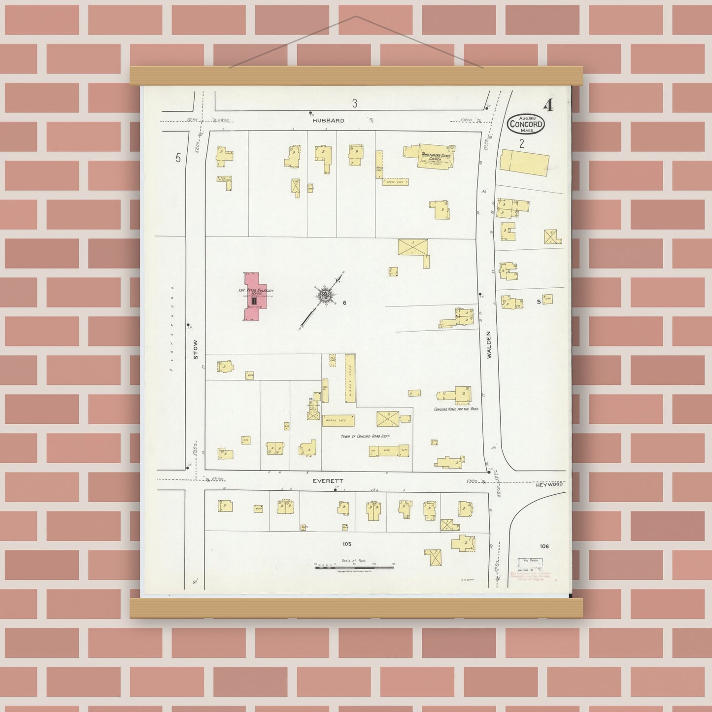 Old map wall art mockup — magnetic wood frame on brick wall — Sanborn Fire Insurance Map from Concord, Middlesex County, Massachusetts (1918), Sheet #0004