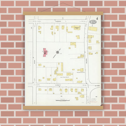 Old map wall art mockup — magnetic wood frame on brick wall — Sanborn Fire Insurance Map from Concord, Middlesex County, Massachusetts (1918), Sheet #0004