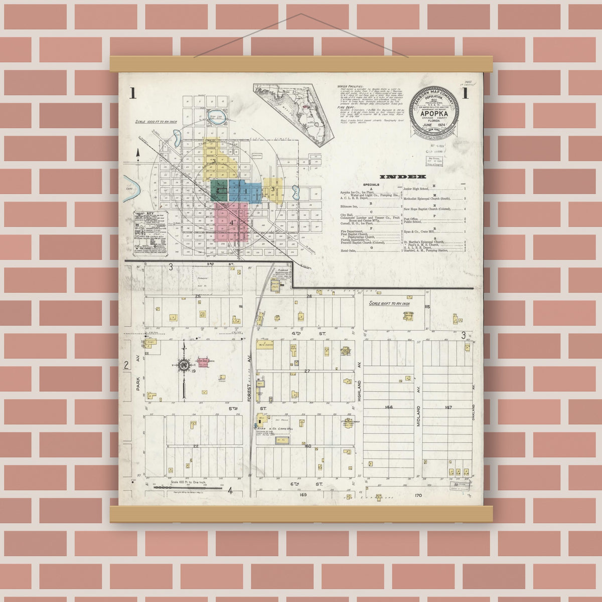 Old map wall art mockup — magnetic wood frame on brick wall — Sanborn Fire Insurance Map from Apopka, Orange County, Florida (1924) - Complete Map Set