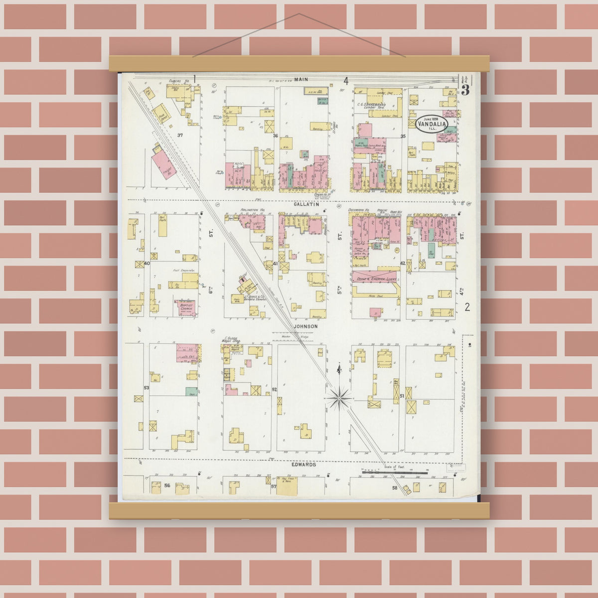 Old map wall art mockup — magnetic wood frame on brick wall — Sanborn Fire Insurance Map from Vandalia, Fayette County, Illinois (1898), Sheet #0003
