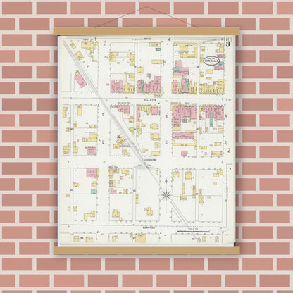 Old map wall art mockup — magnetic wood frame on brick wall — Sanborn Fire Insurance Map from Vandalia, Fayette County, Illinois (1898), Sheet #0003