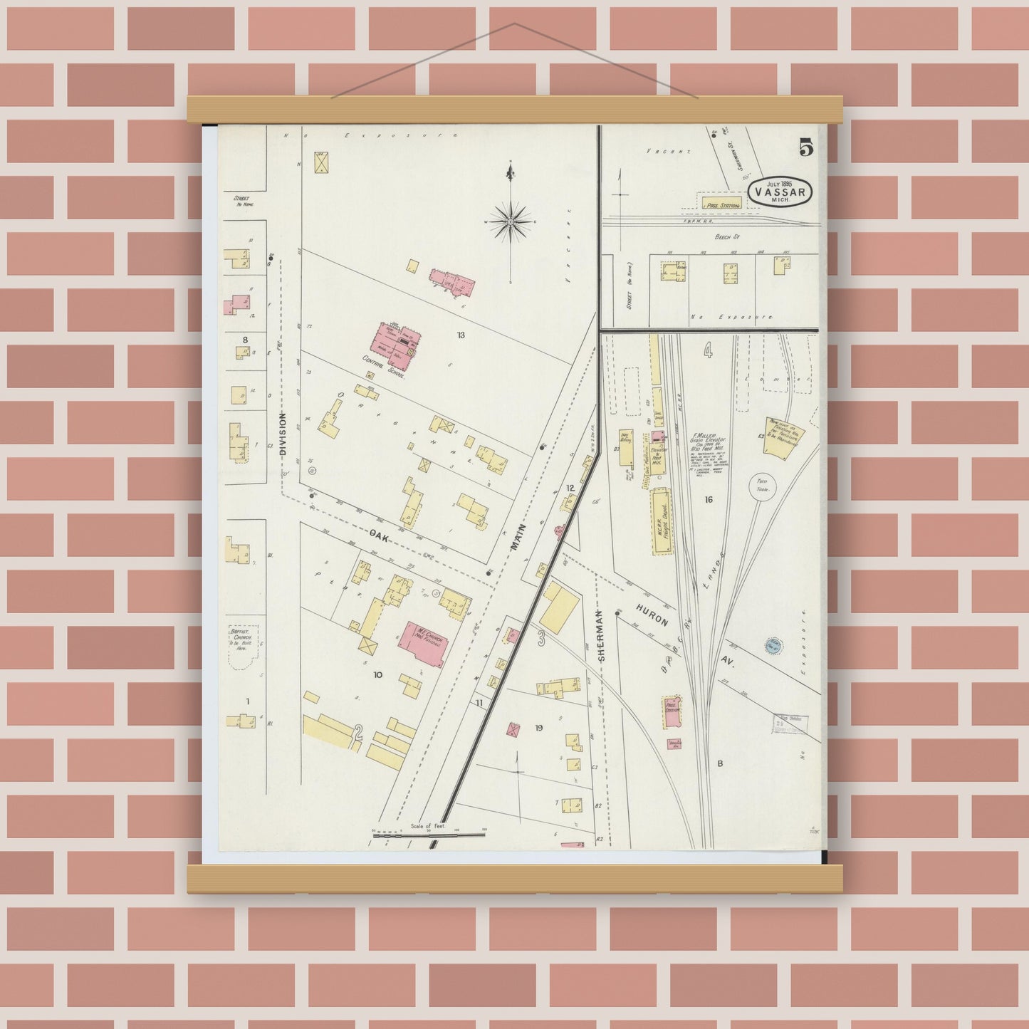 Old map wall art mockup — magnetic wood frame on brick wall — Sanborn Fire Insurance Map from Vassar, Tuscola County, Michigan (1895), Sheet #0005