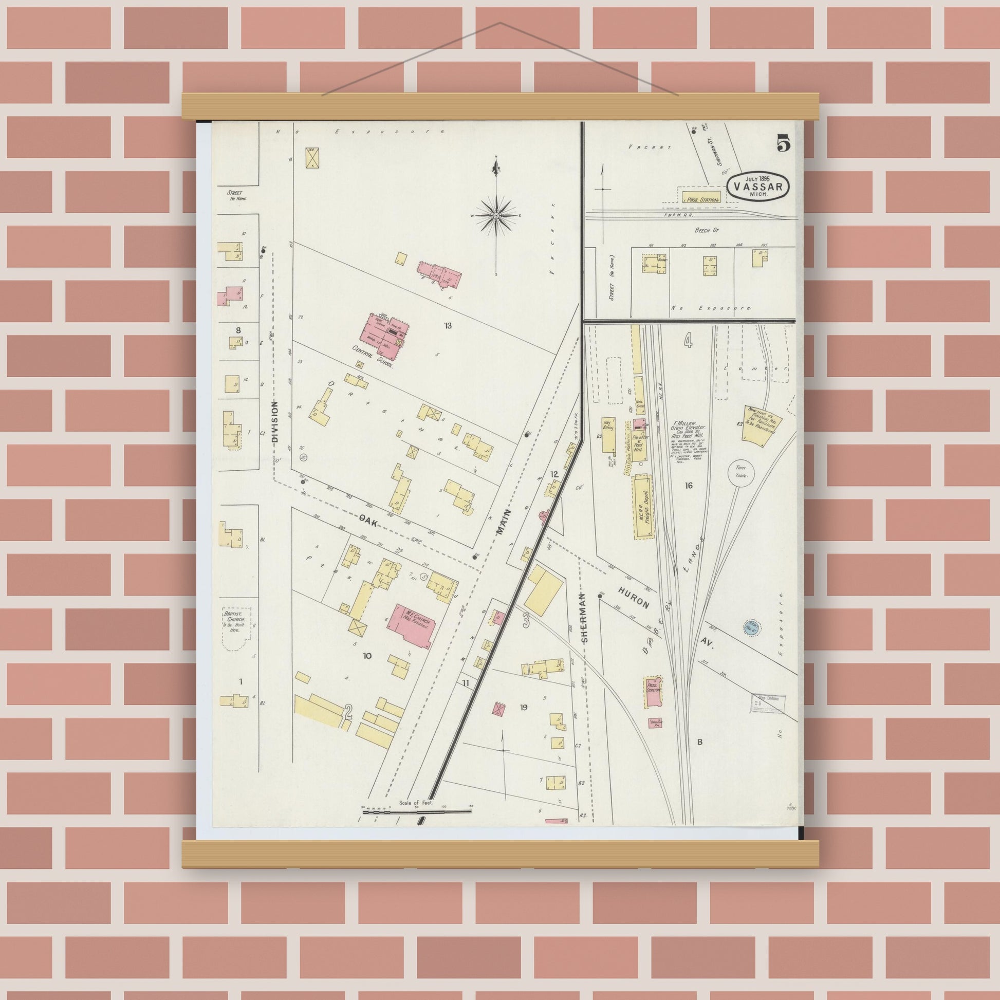 Old map wall art mockup — magnetic wood frame on brick wall — Sanborn Fire Insurance Map from Vassar, Tuscola County, Michigan (1895), Sheet #0005