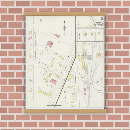 Old map wall art mockup — magnetic wood frame on brick wall — Sanborn Fire Insurance Map from Vassar, Tuscola County, Michigan (1895), Sheet #0005