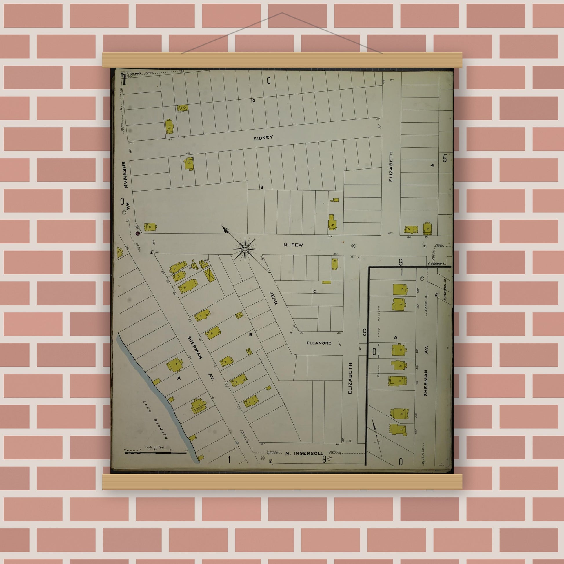 Old map wall art mockup — magnetic wood frame on brick wall — Sanborn Fire Insurance Map from Madison, Dane County, Wisconsin (1908) - Complete Map Set