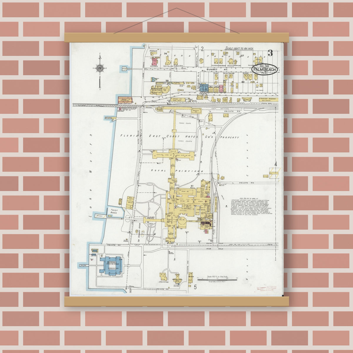 Old map wall art mockup — magnetic wood frame on brick wall — Sanborn Fire Insurance Map from Palm Beach, Palm Beach County, Florida (1919), Sheet #0003