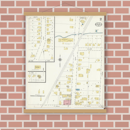 Old map wall art mockup — magnetic wood frame on brick wall — Sanborn Fire Insurance Map from Rosedale, Parke County, Indiana (1913), Sheet #0002