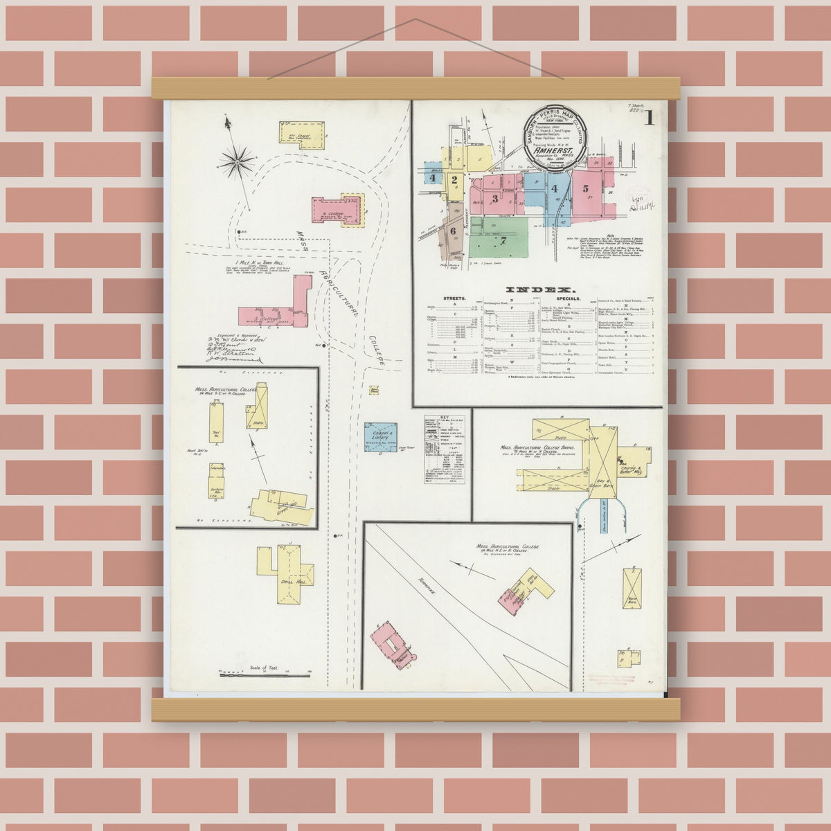Old map wall art mockup — magnetic wood frame on brick wall — Sanborn Fire Insurance Map from Amherst, Hampshire County, Massachusetts (1896), Sheet #0001