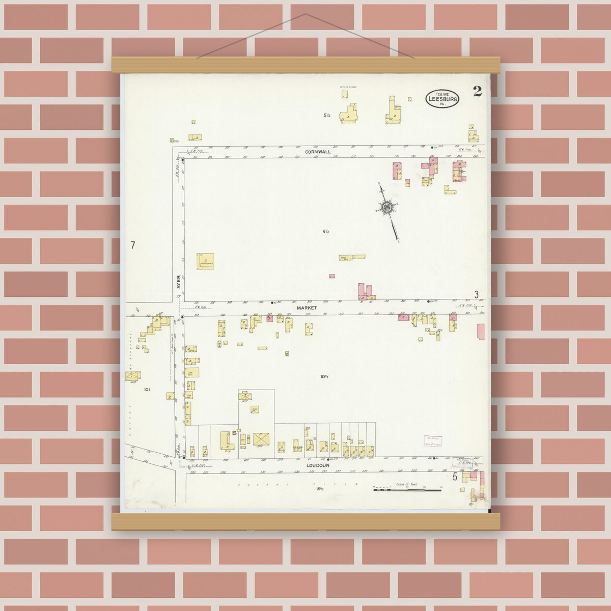 Old map wall art mockup — magnetic wood frame on brick wall — Sanborn Fire Insurance Map from Leesburg, Loudoun County, Virginia (1912), Sheet #0002