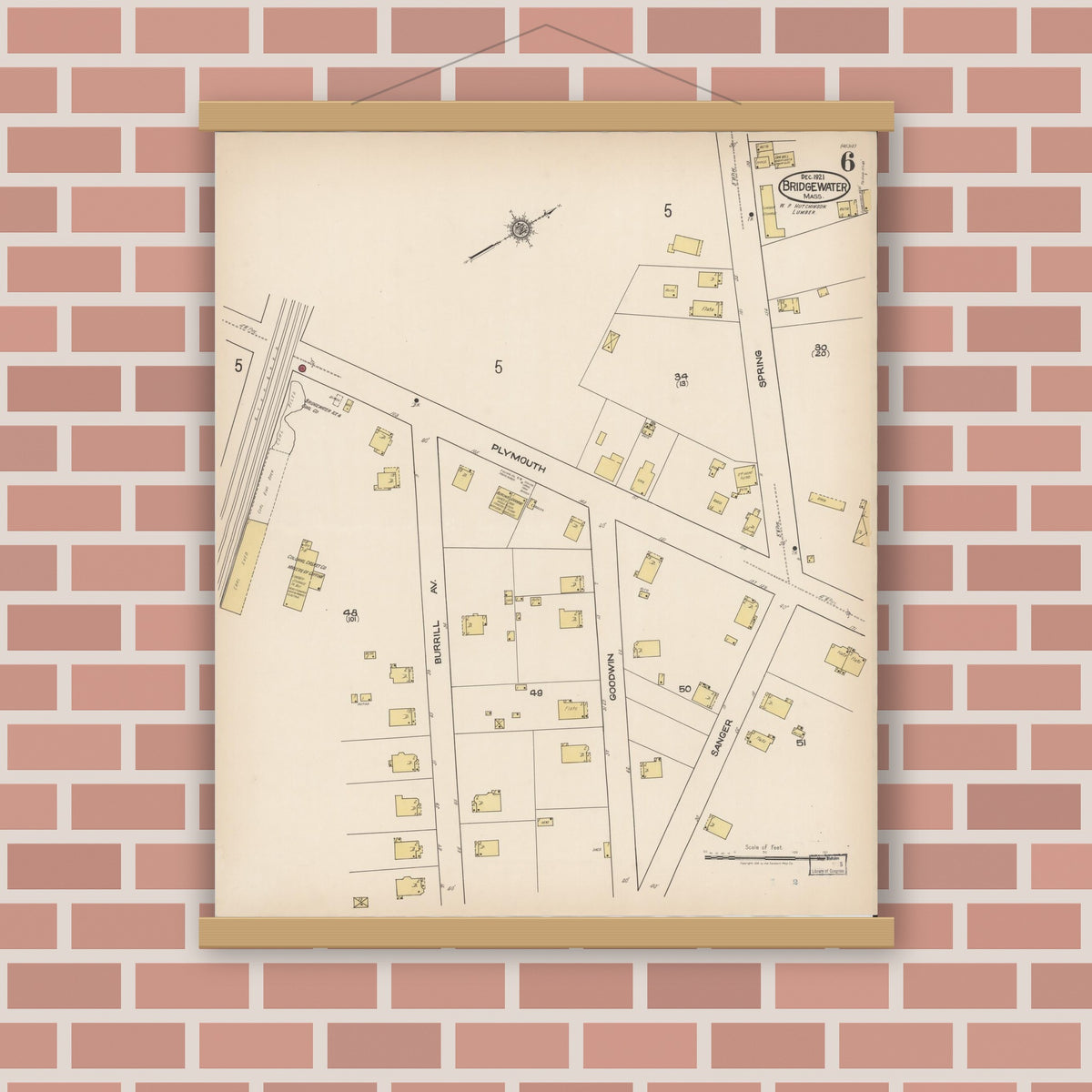 Old map wall art mockup — magnetic wood frame on brick wall — Sanborn Fire Insurance Map from Bridgewater, Plymouth County, Massachusetts (1921), Sheet #0006
