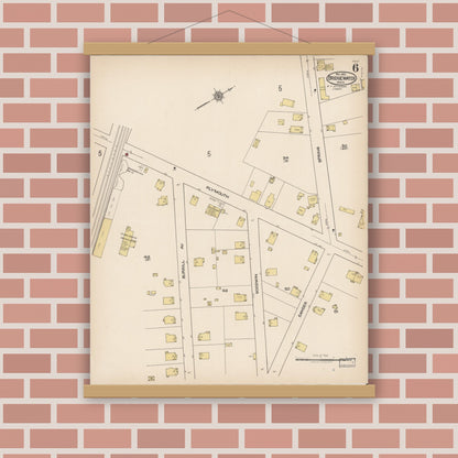 Old map wall art mockup — magnetic wood frame on brick wall — Sanborn Fire Insurance Map from Bridgewater, Plymouth County, Massachusetts (1921), Sheet #0006