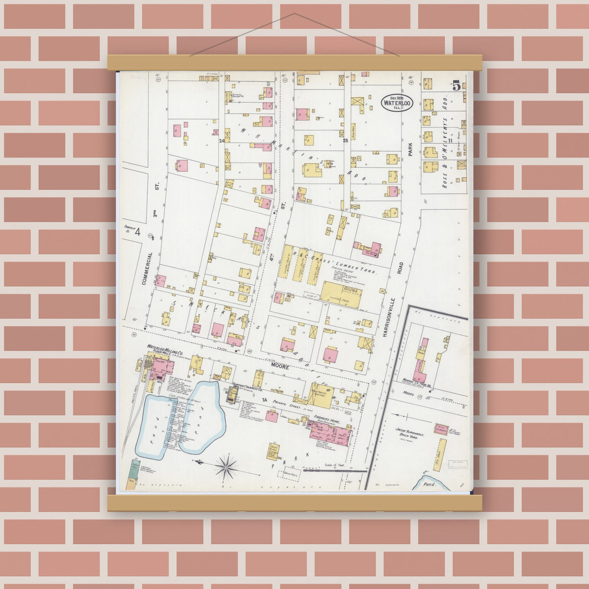 Old map wall art mockup — magnetic wood frame on brick wall — Sanborn Fire Insurance Map from Waterloo, Monroe County, Illinois (1899), Sheet #0005