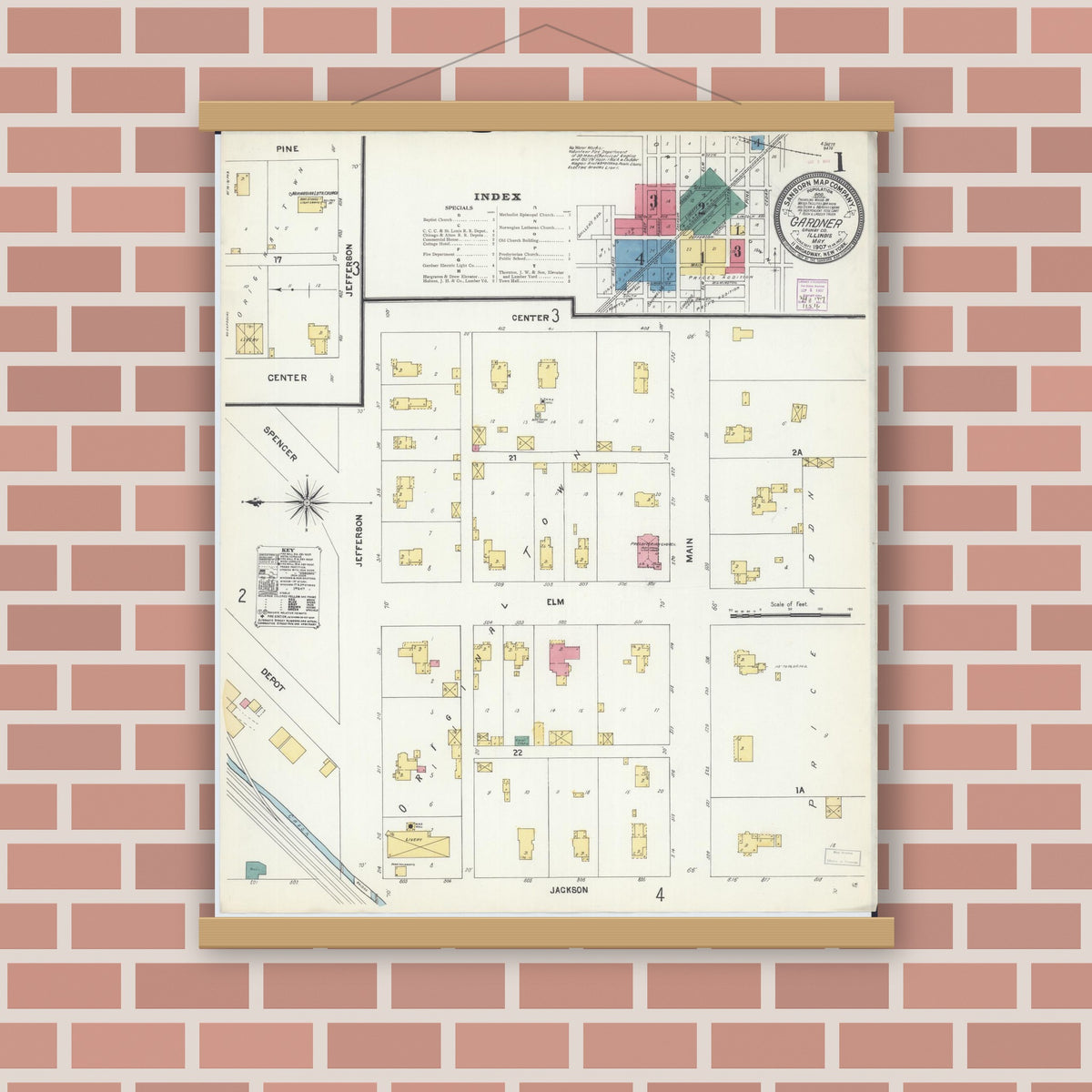 Old map wall art mockup — magnetic wood frame on brick wall — Sanborn Fire Insurance Map from Gardner, Grundy County, Illinois (1907) - Complete Map Set