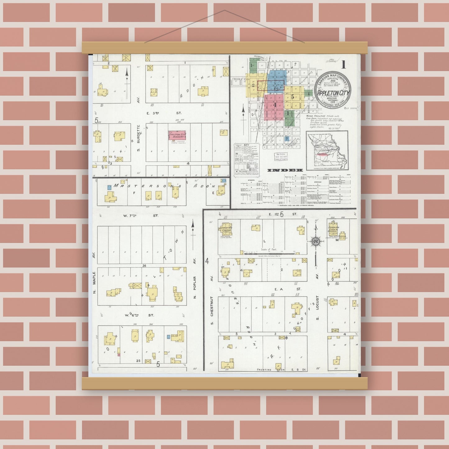 Old map wall art mockup — magnetic wood frame on brick wall — Sanborn Fire Insurance Map from Appleton City, Saint Clair County, Missouri (1918) - Complete Map Set