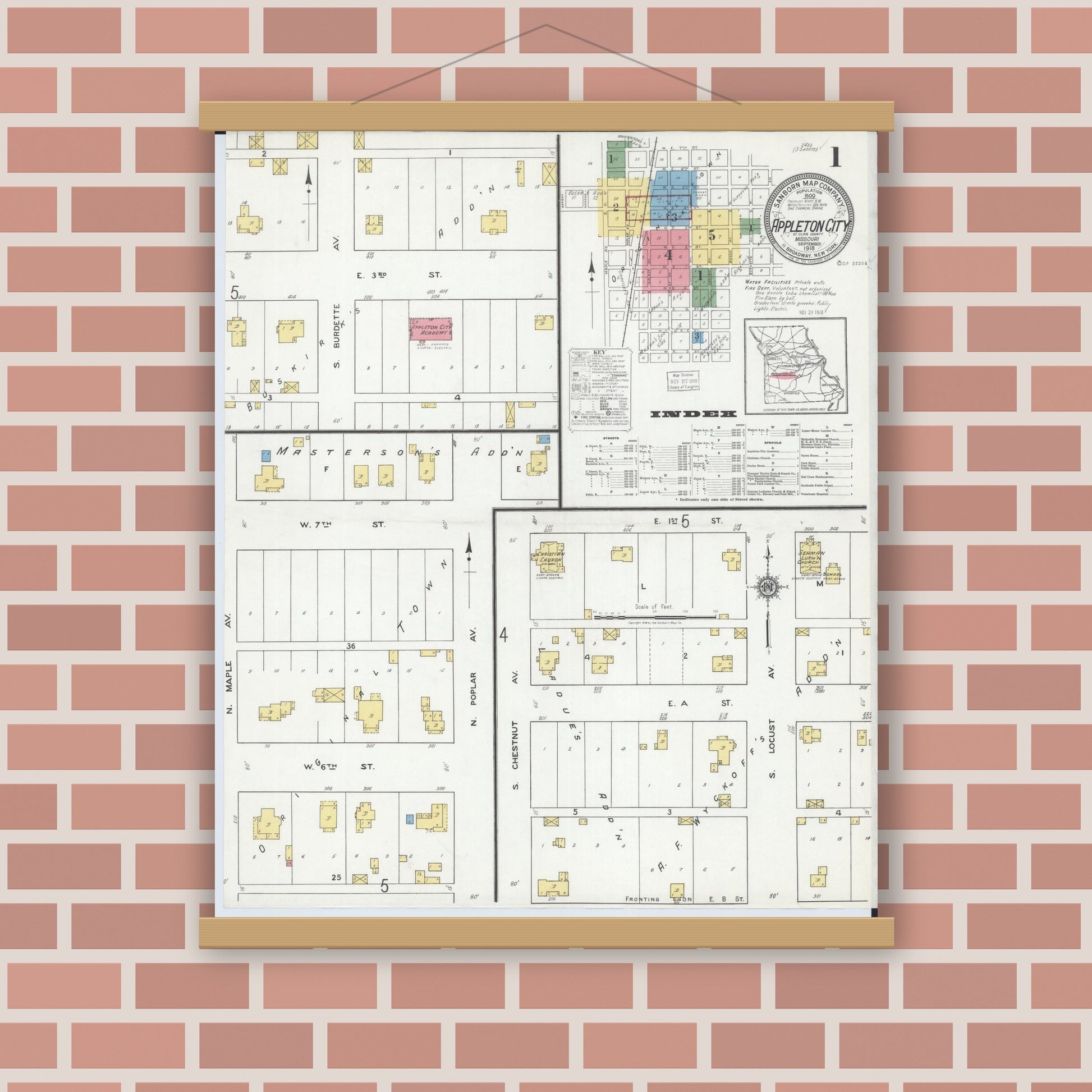 Old map wall art mockup — magnetic wood frame on brick wall — Sanborn Fire Insurance Map from Appleton City, Saint Clair County, Missouri (1918) - Complete Map Set
