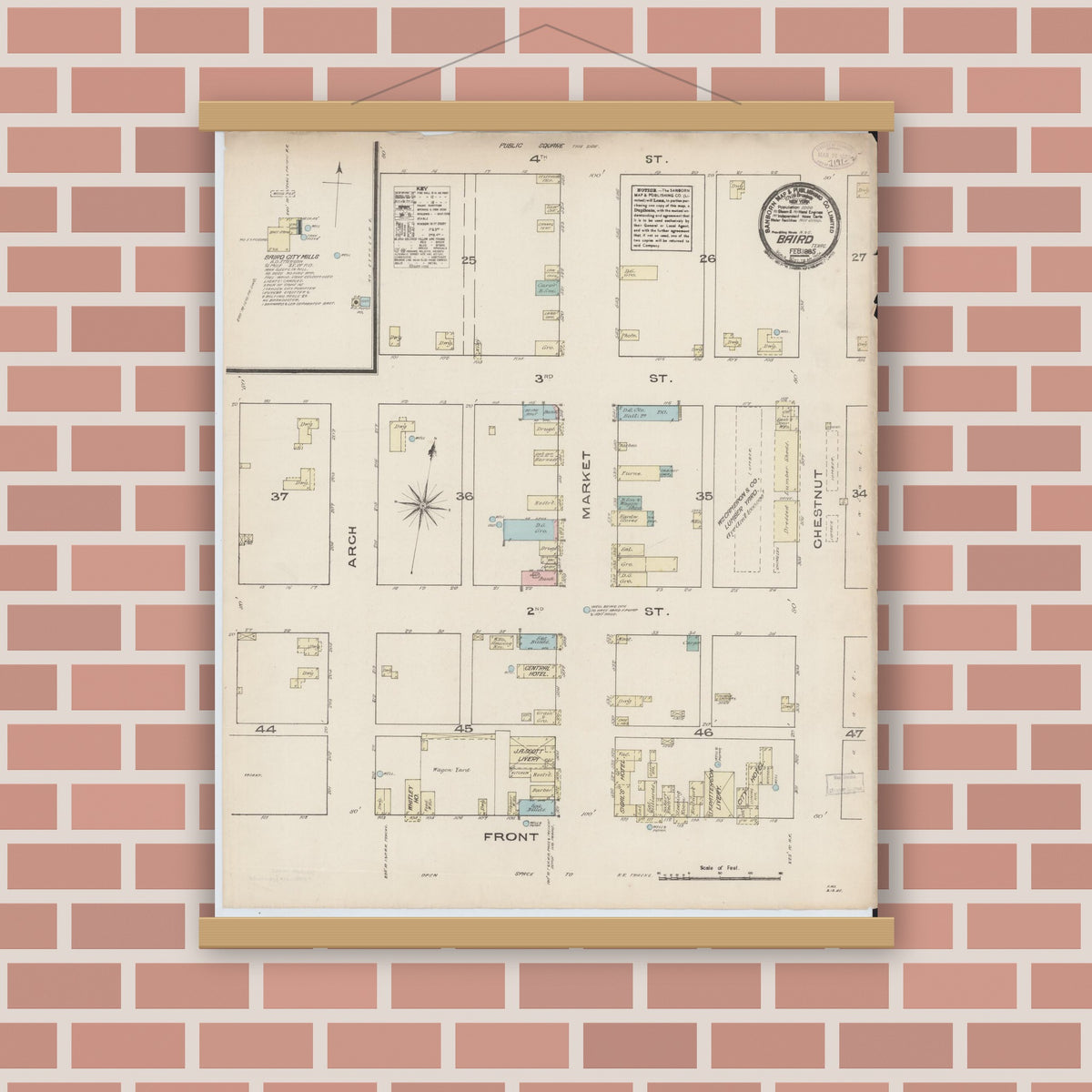 Old map wall art mockup — magnetic wood frame on brick wall — Sanborn Fire Insurance Map from Baird, Callahan County, Texas (1885), Sheet #0001