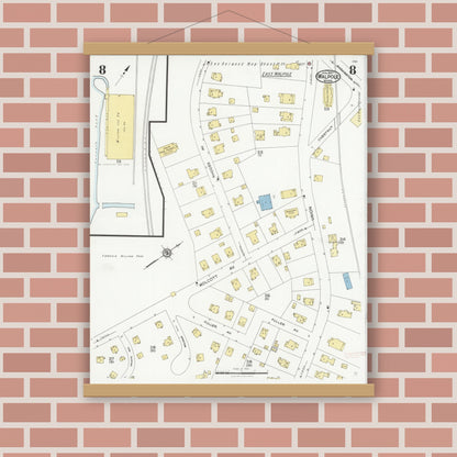 Old map wall art mockup — magnetic wood frame on brick wall — Sanborn Fire Insurance Map from Walpole, Norfolk County, Massachusetts (1927), Sheet #0008