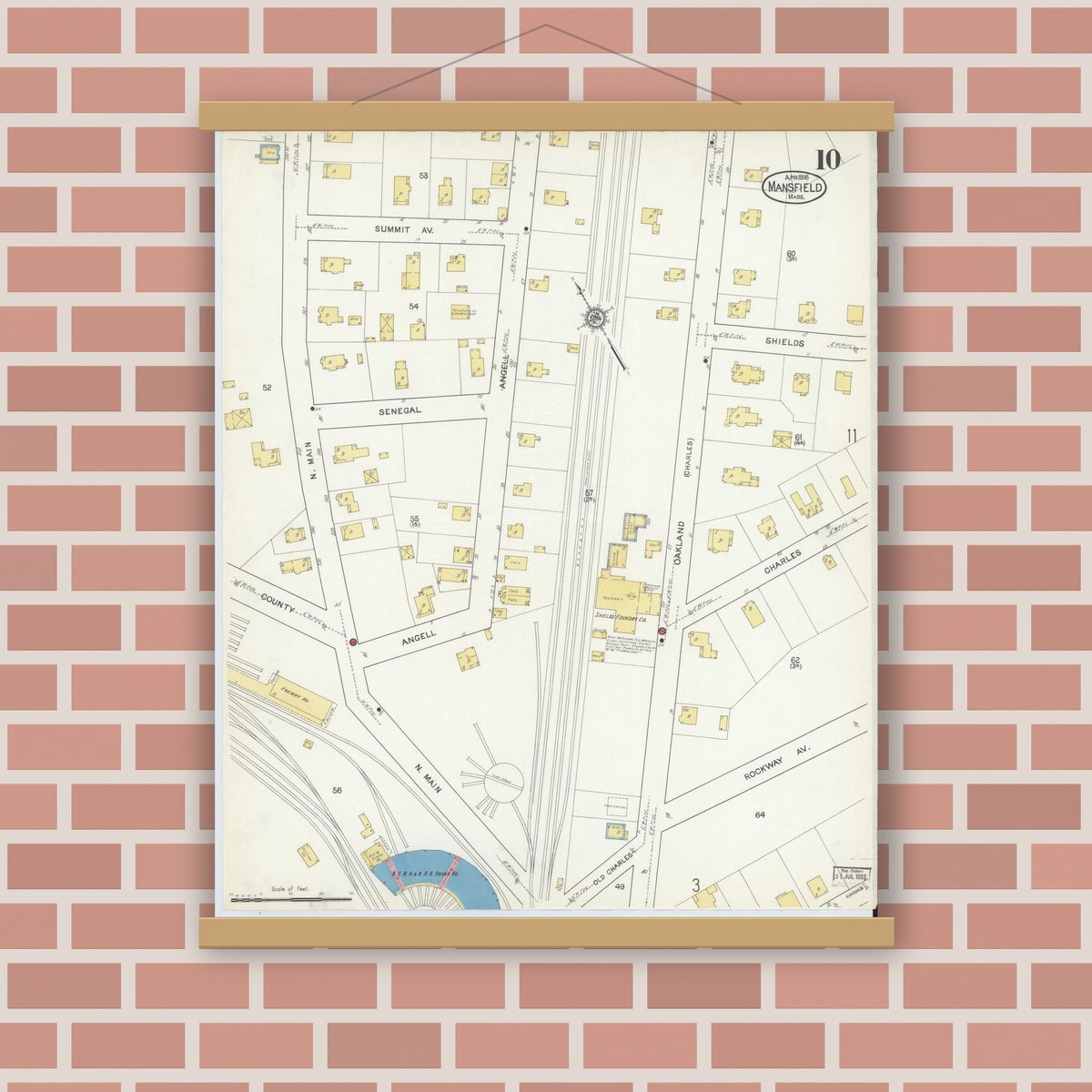 Old map wall art mockup — magnetic wood frame on brick wall — Sanborn Fire Insurance Map from Mansfield, Bristol County, Massachusetts (1916), Sheet #0010