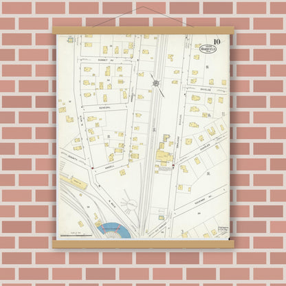 Old map wall art mockup — magnetic wood frame on brick wall — Sanborn Fire Insurance Map from Mansfield, Bristol County, Massachusetts (1916), Sheet #0010