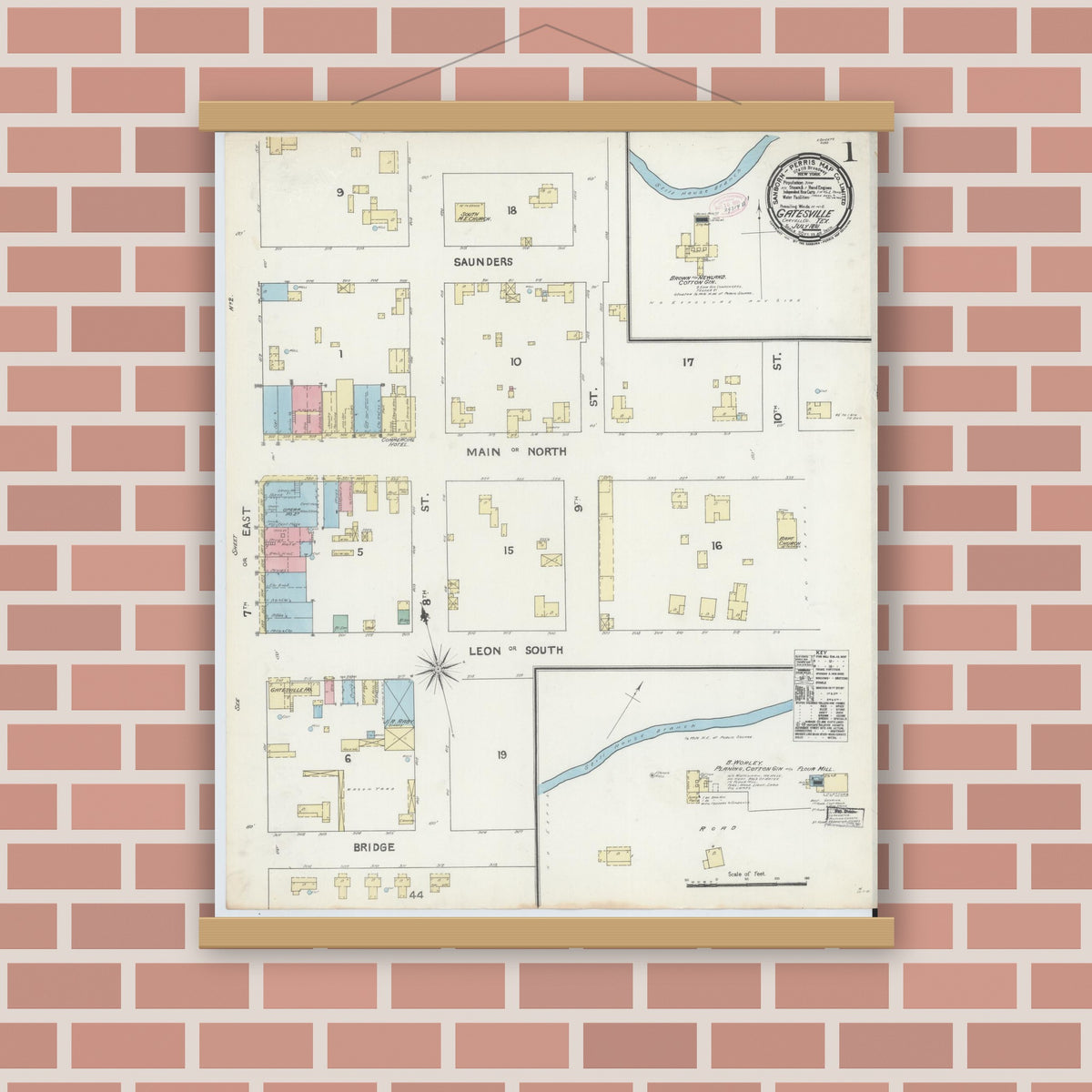Old map wall art mockup — magnetic wood frame on brick wall — Sanborn Fire Insurance Map from Gatesville, Coryell County, Texas (1891) - Complete Map Set
