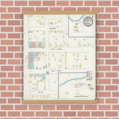 Old map wall art mockup — magnetic wood frame on brick wall — Sanborn Fire Insurance Map from Gatesville, Coryell County, Texas (1891) - Complete Map Set