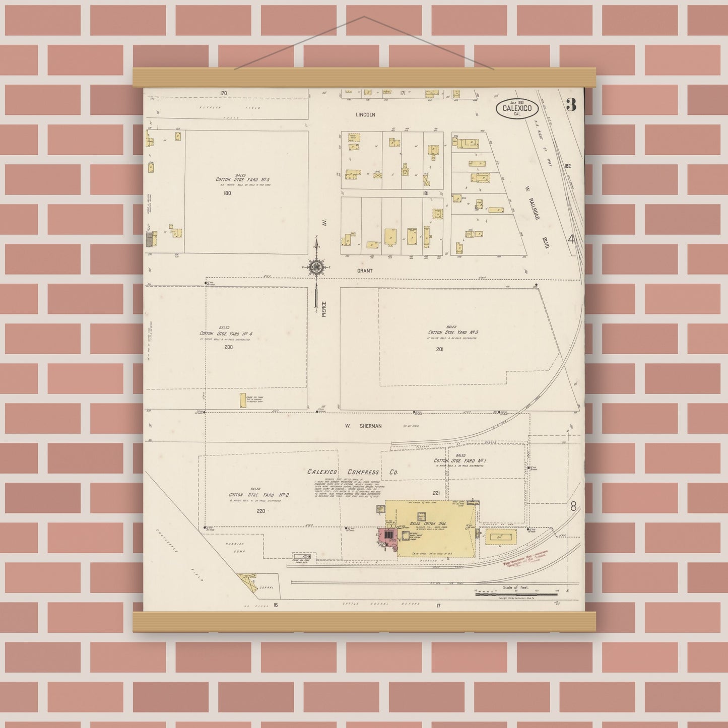 Old map wall art mockup — magnetic wood frame on brick wall — Sanborn Fire Insurance Map from Calexico, Imperial County, California (1920), Sheet #0003