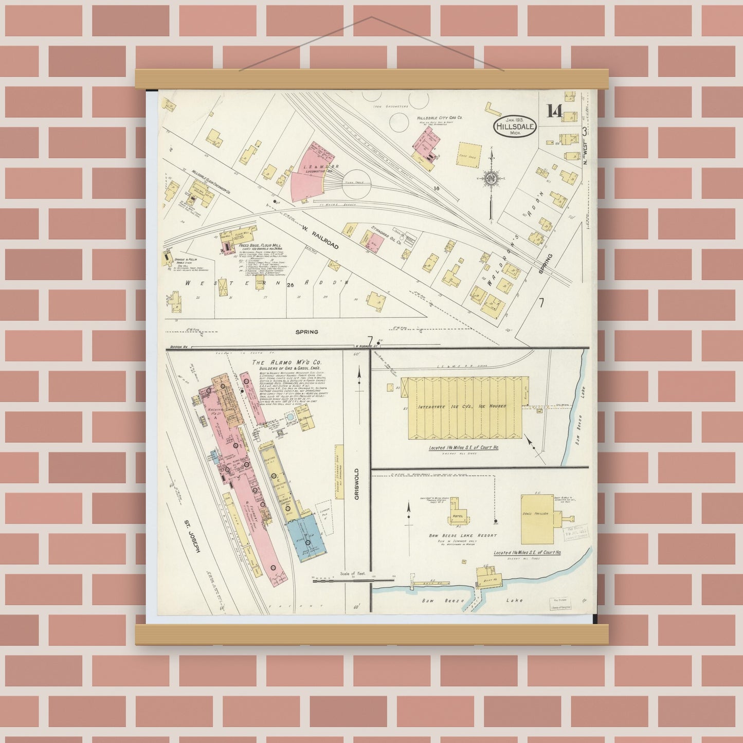Old map wall art mockup — magnetic wood frame on brick wall — Sanborn Fire Insurance Map from Hillsdale, Hillsdale County, Michigan (1913), Sheet #0014