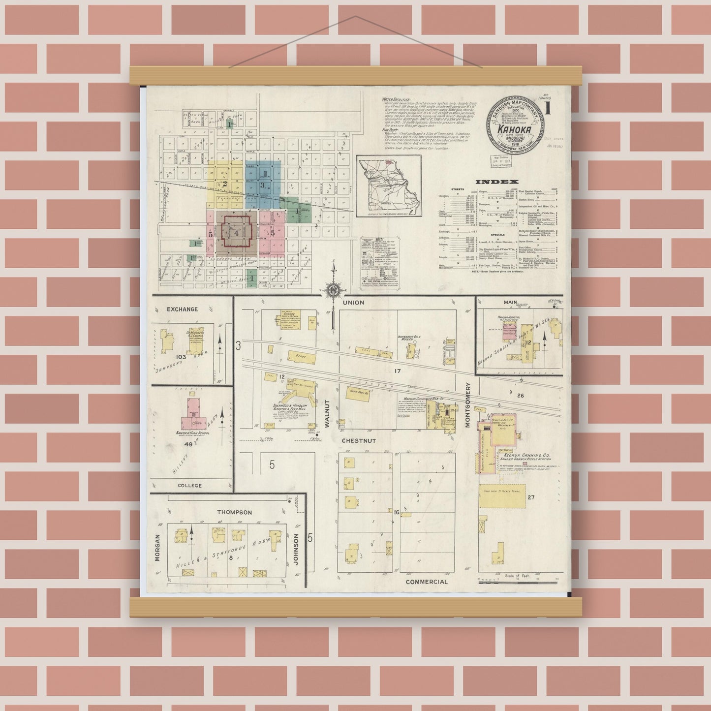 Old map wall art mockup — magnetic wood frame on brick wall — Sanborn Fire Insurance Map from Kahoka, Clark County, Missouri (1916) - Complete Map Set