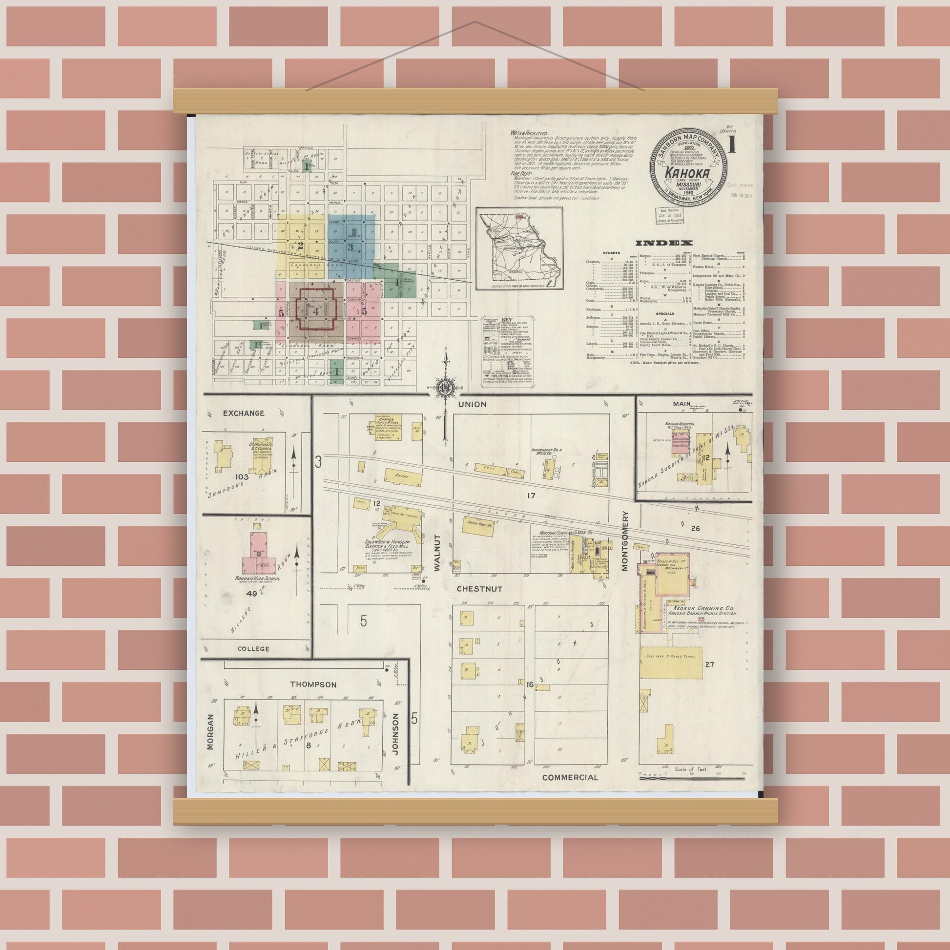 Old map wall art mockup — magnetic wood frame on brick wall — Sanborn Fire Insurance Map from Kahoka, Clark County, Missouri (1916) - Complete Map Set