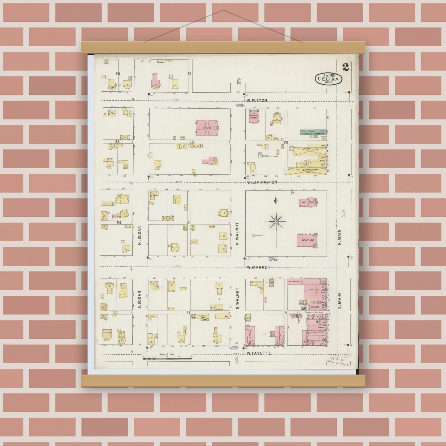 Old map wall art mockup — magnetic wood frame on brick wall — Sanborn Fire Insurance Map from Celina, Mercer County, Ohio (1895), Sheet #0002