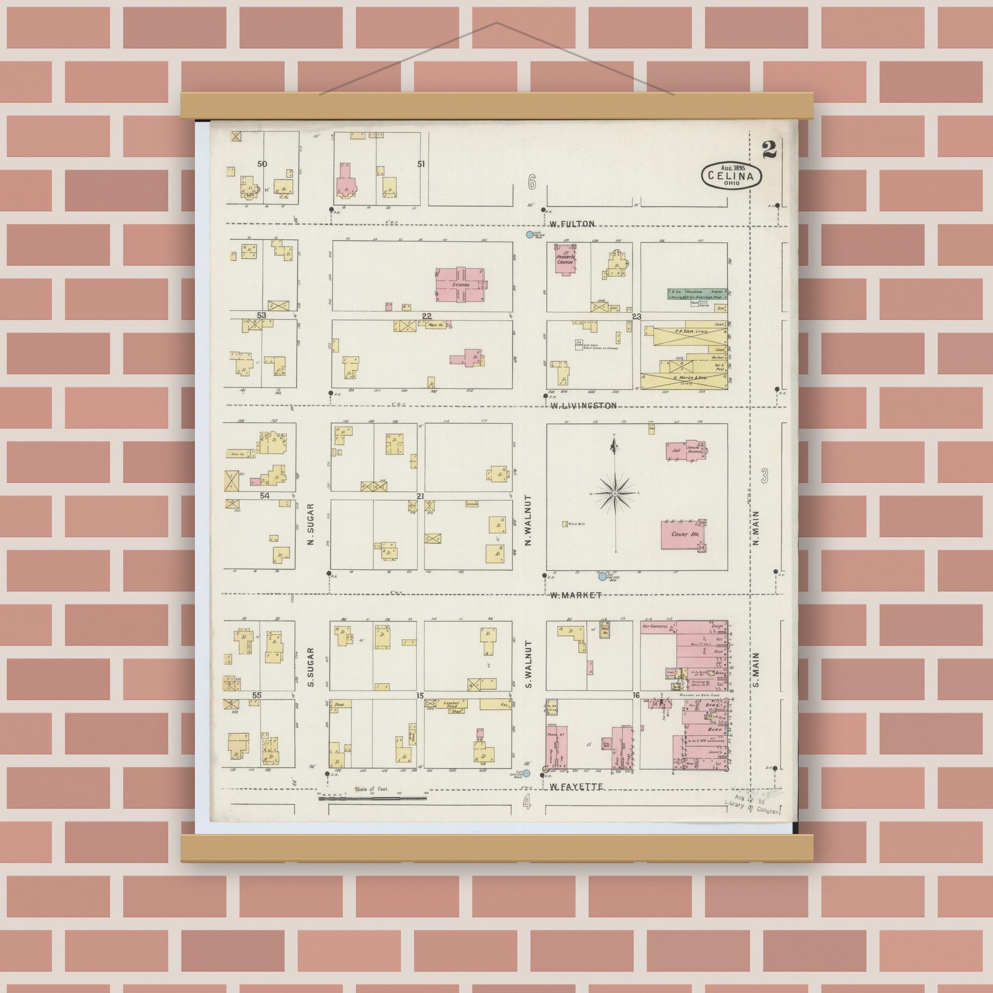 Old map wall art mockup — magnetic wood frame on brick wall — Sanborn Fire Insurance Map from Celina, Mercer County, Ohio (1895), Sheet #0002