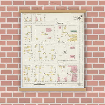 Old map wall art mockup — magnetic wood frame on brick wall — Sanborn Fire Insurance Map from Celina, Mercer County, Ohio (1895), Sheet #0002