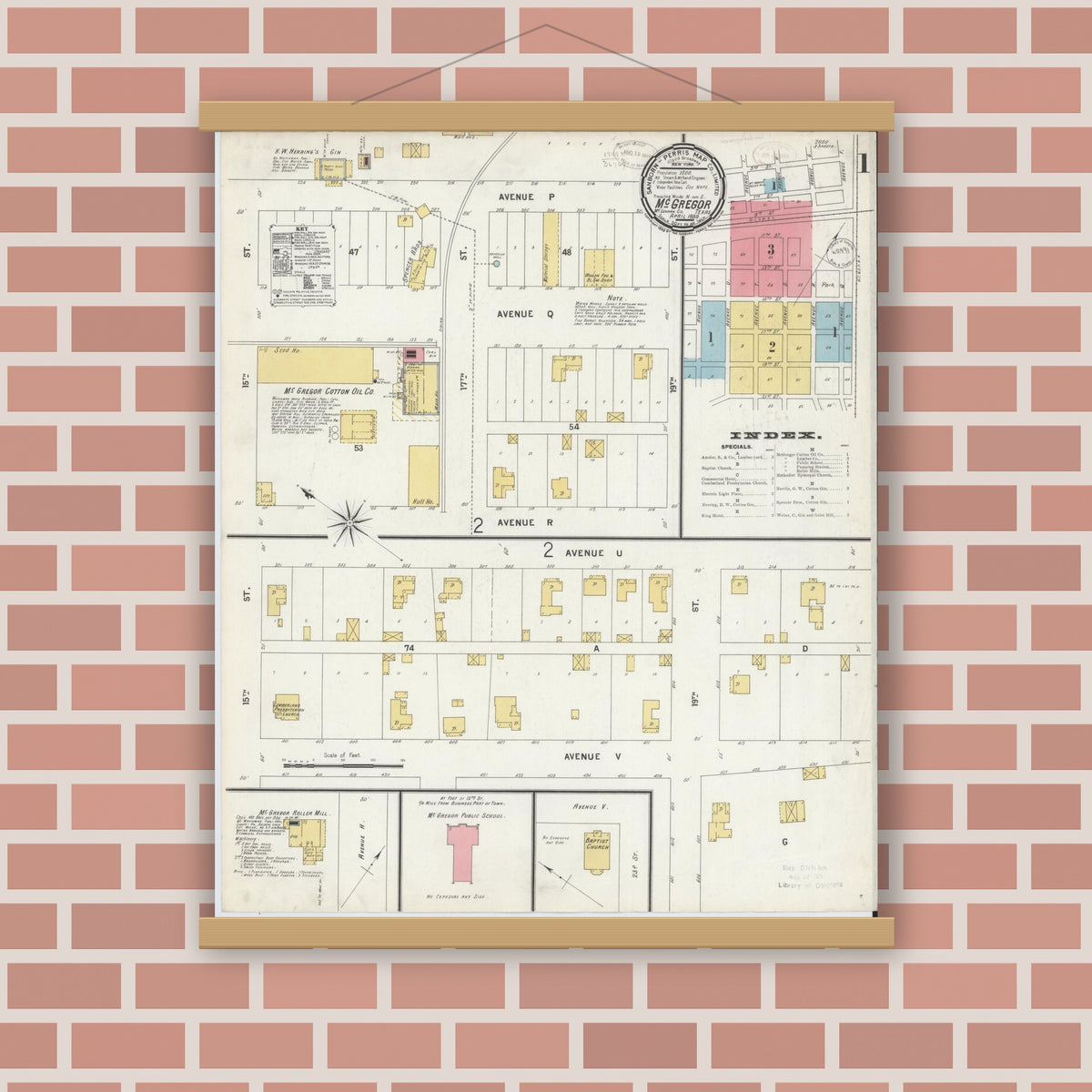 Old map wall art mockup — magnetic wood frame on brick wall — Sanborn Fire Insurance Map from McGregor, McLennan County, Texas (1899), Sheet #0001