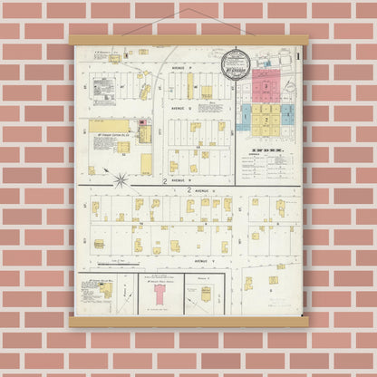 Old map wall art mockup — magnetic wood frame on brick wall — Sanborn Fire Insurance Map from McGregor, McLennan County, Texas (1899), Sheet #0001